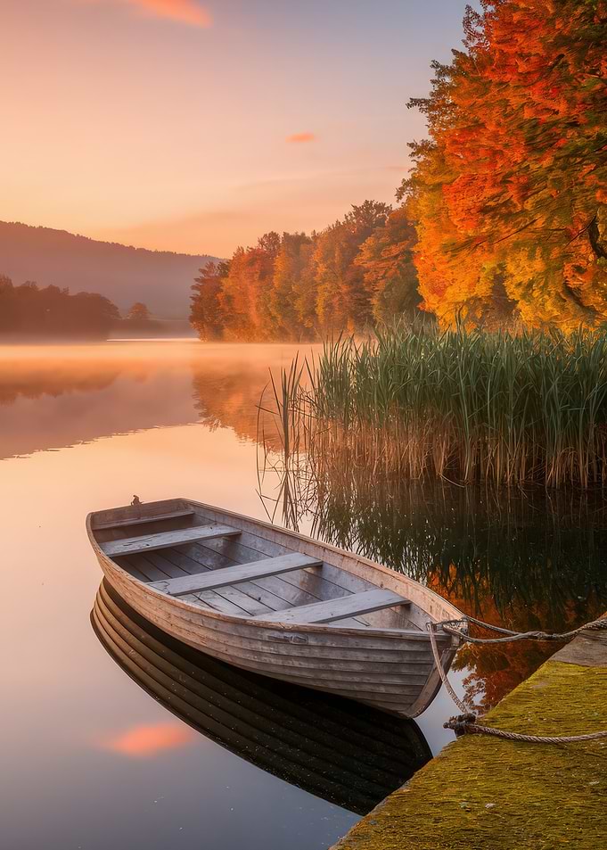 Autumn Lake with Boat at Sunrise