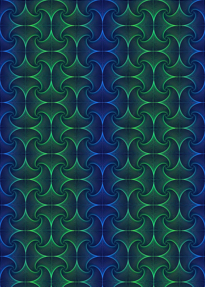 Hypnotic geometric Zentangle artwork featuring flowing blue and green gradient lines