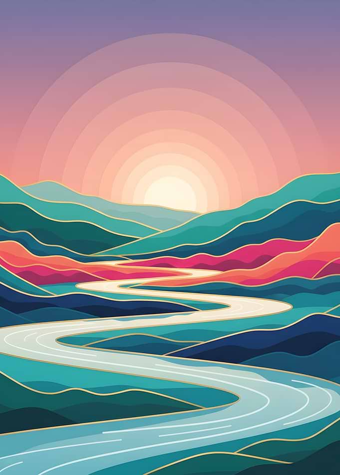 Abstract Landscape with River and Sunset