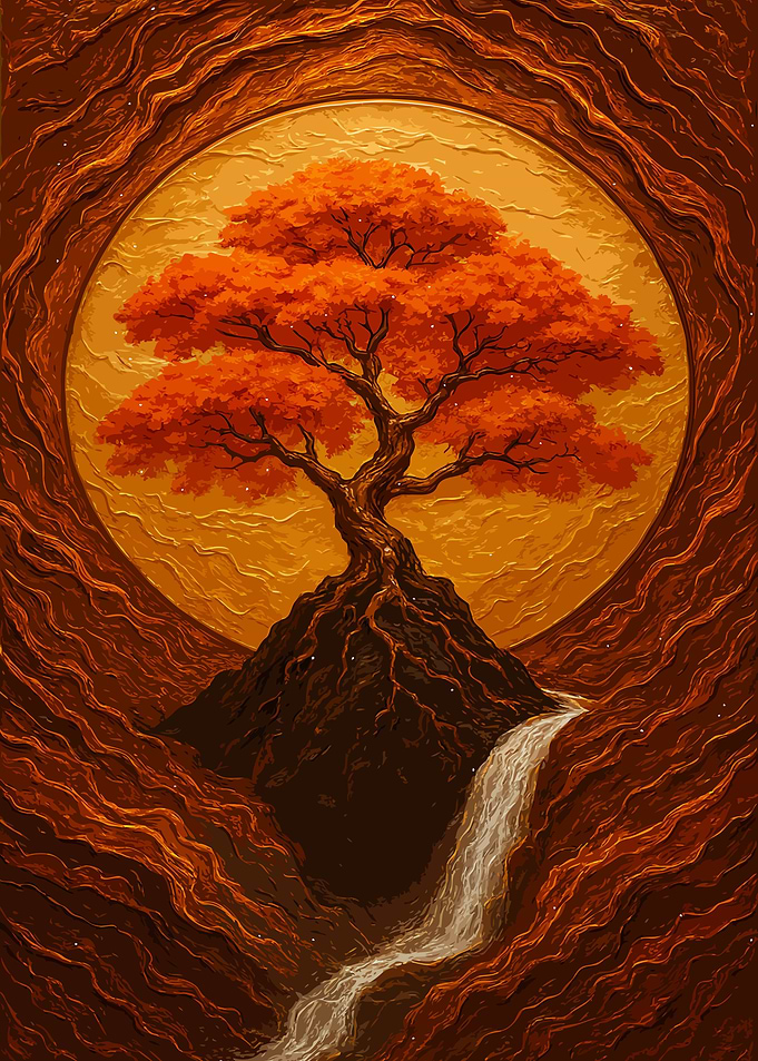 Autumn Tree with Waterfall Kintsugi Art