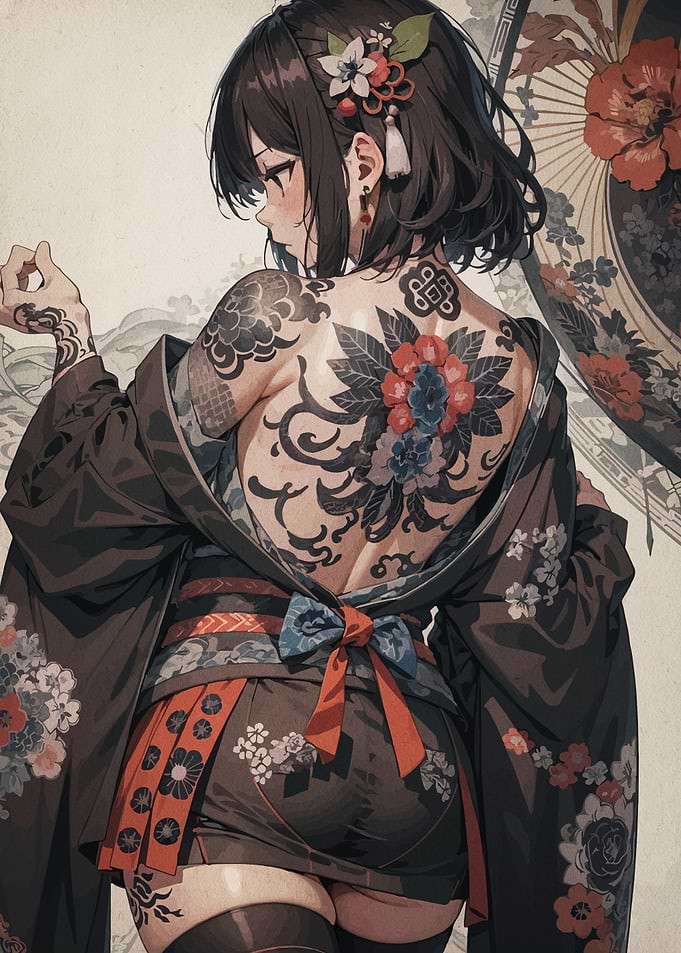 Anime Girl with Tattoos and Kimono