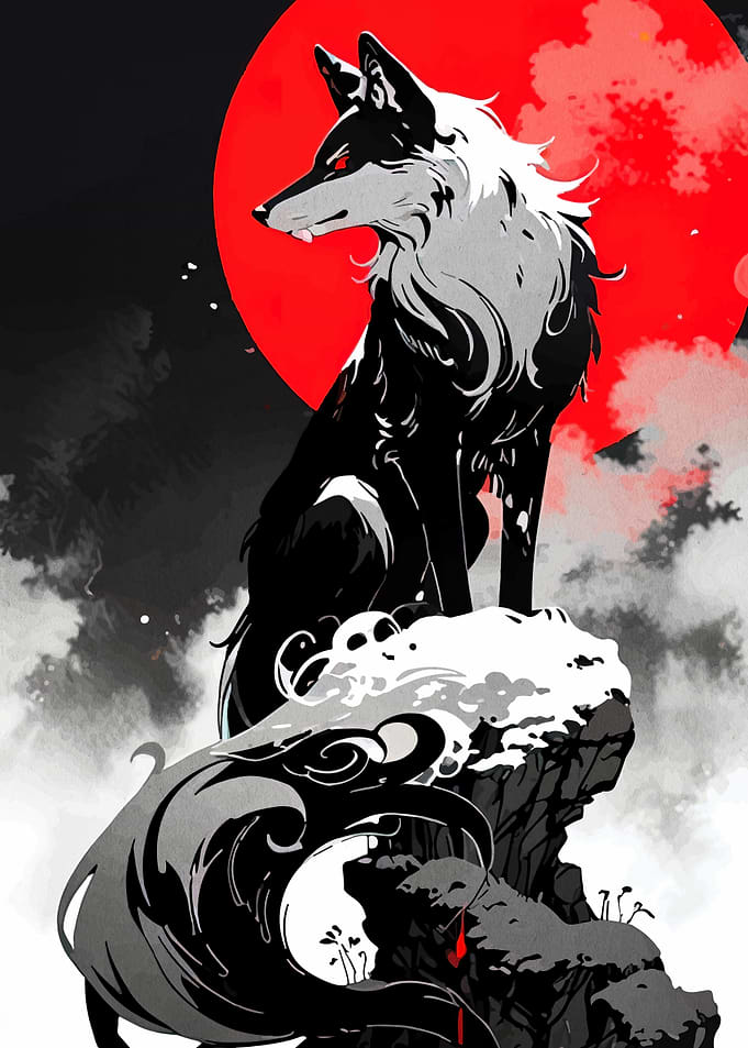 Wolf on a Cliff with Red Moon