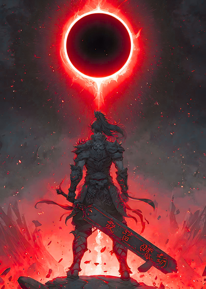 Warrior facing a red eclipse