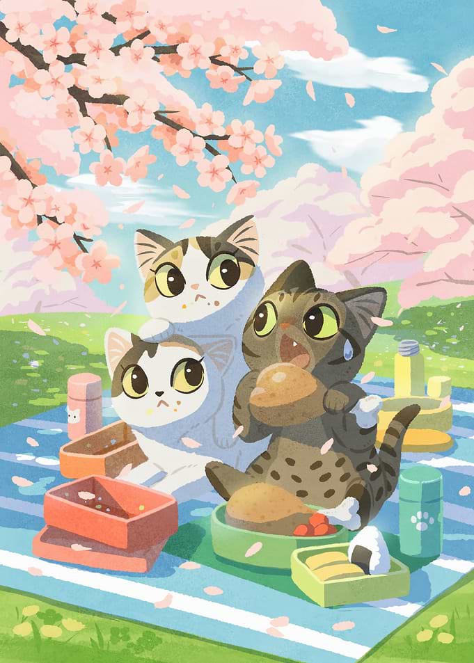 Cats' Picnic Under Cherry Blossom Tree