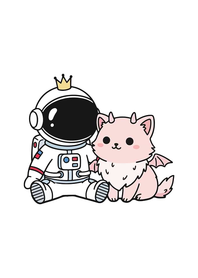 Astronaut and Devil Cat Cartoon Illustration