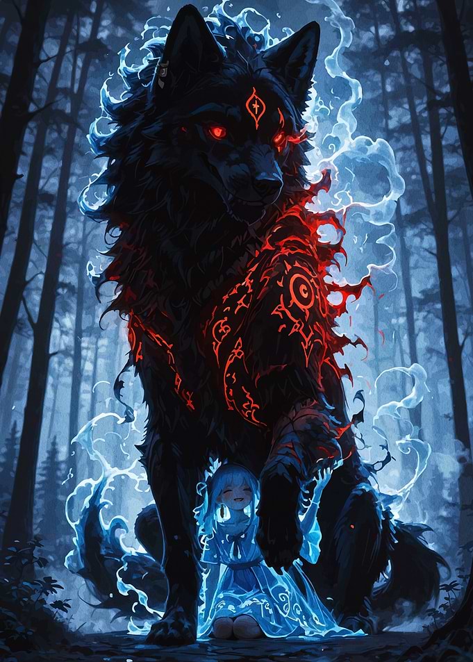 Guardian Wolf and Girl in Forest