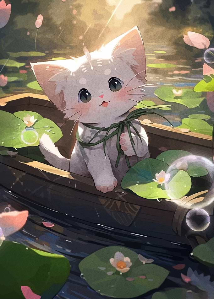 Cute Kitten in Boat with Lily Pads