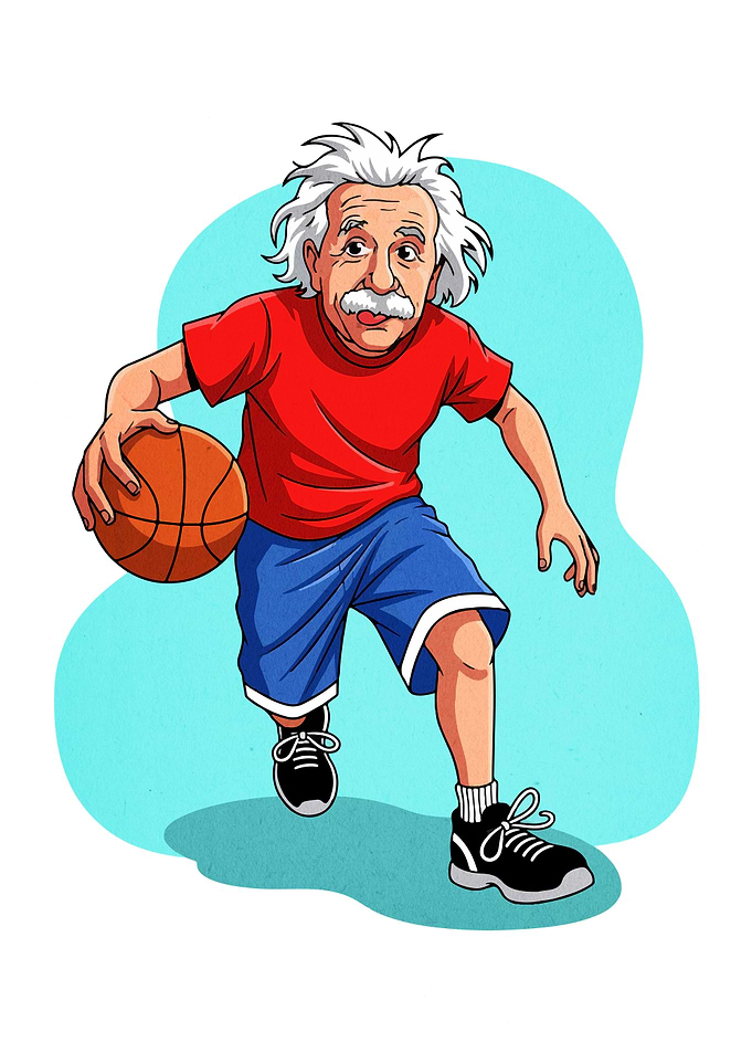 Einstein playing basketball cartoon illustration