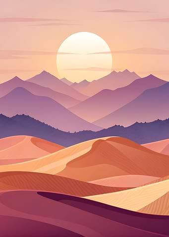 Desert Landscape with Mountains and Sun