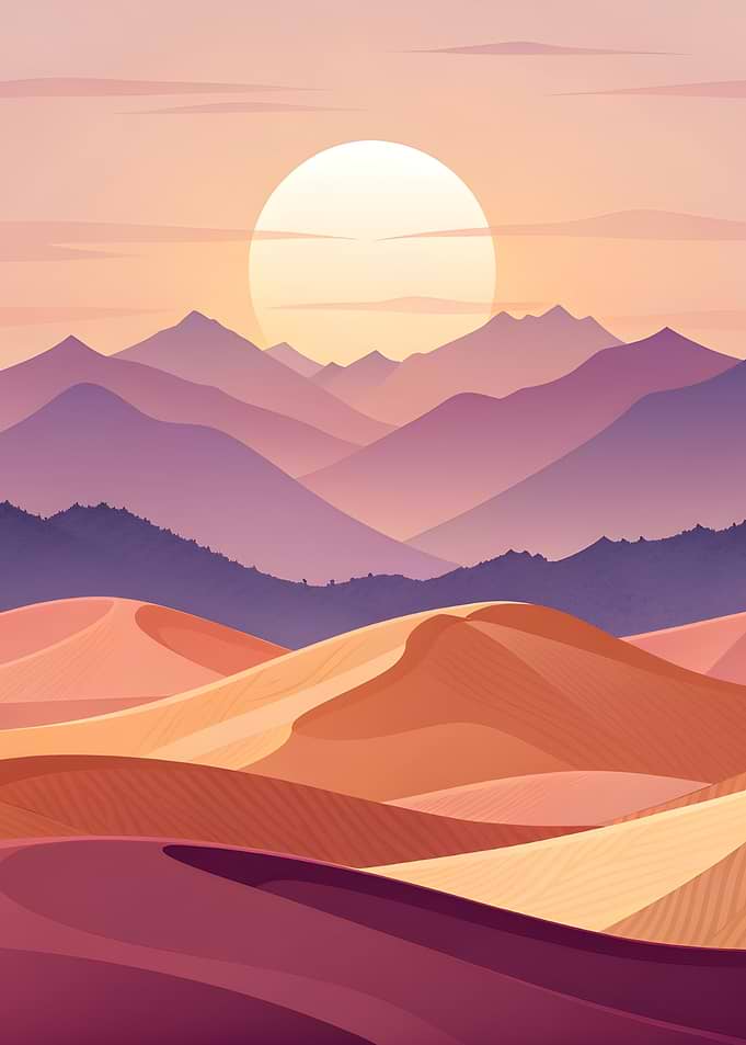Desert Landscape with Mountains and Sun