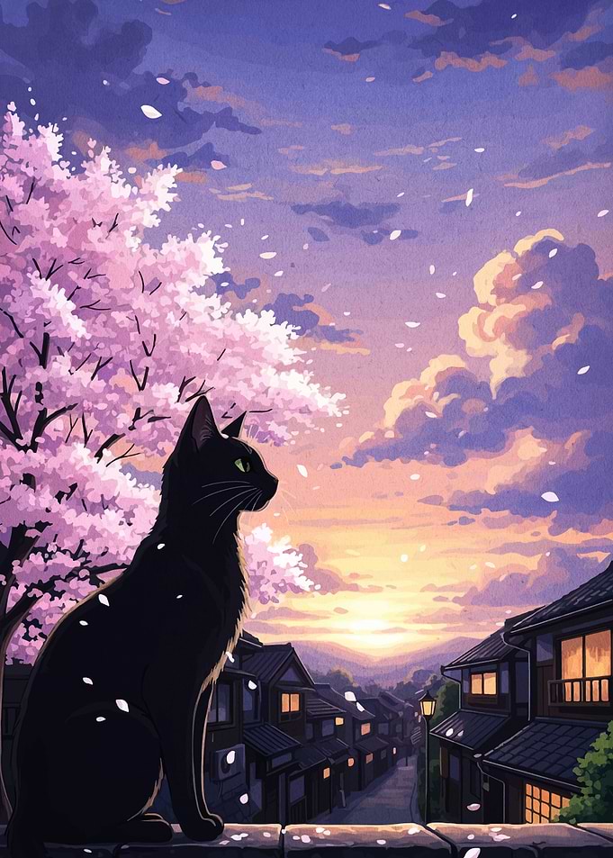 Black Cat Under Cherry Blossom Tree