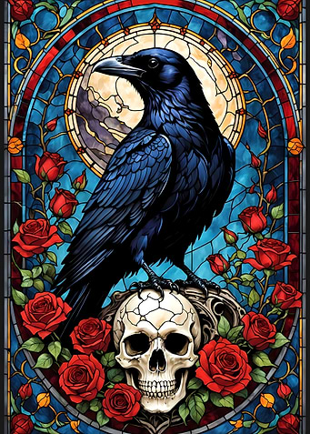 Raven on Skull with Roses Stained Glass