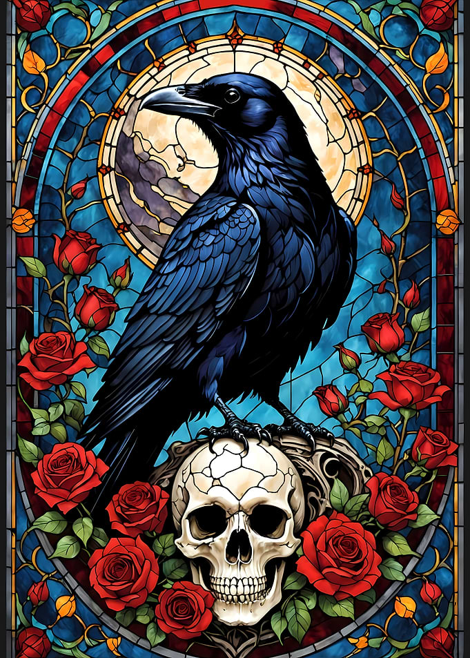 Raven on Skull with Roses Stained Glass