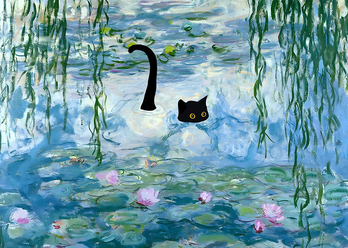 Cat in Summer Water Lilies Pond