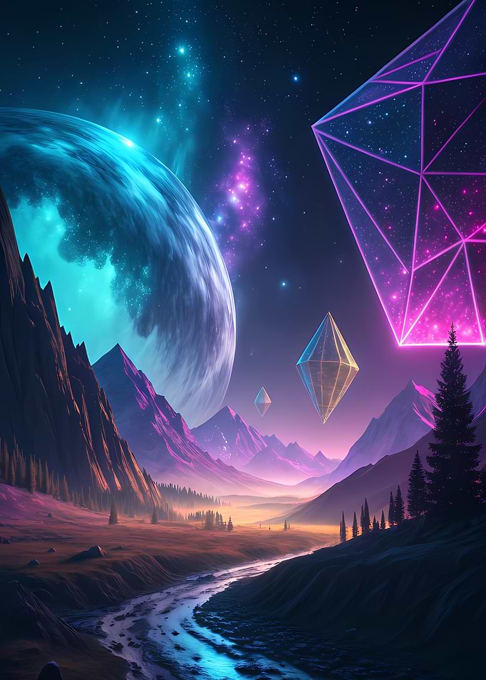 Surreal Landscape with Planet and Geometrics
