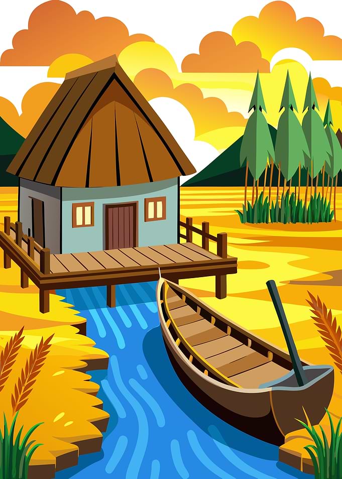 Riverside Stilt House with Boat and Pine Trees in Autumn Sunset Metal Print Art
