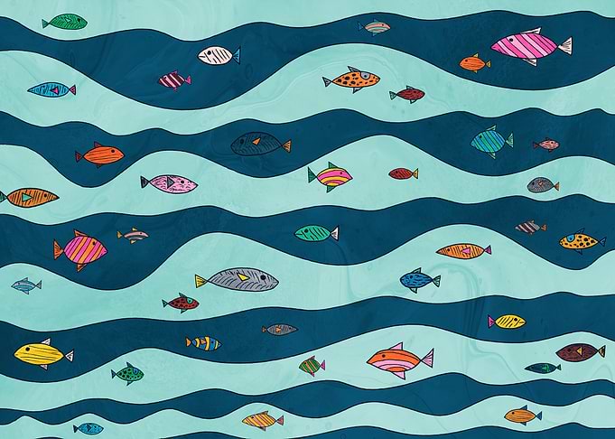 Colorful Fish in Wavy Sea Pattern