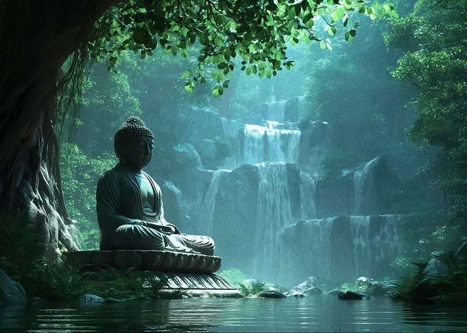 Buddha Statue by Waterfall in Forest