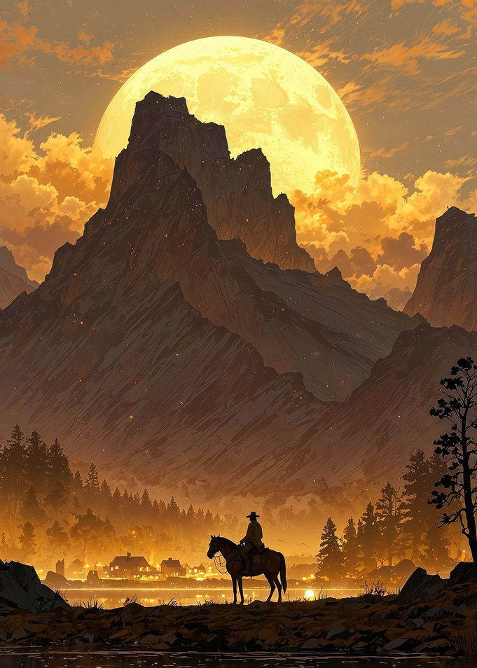 Cowboy and Horse Under a Full Moon