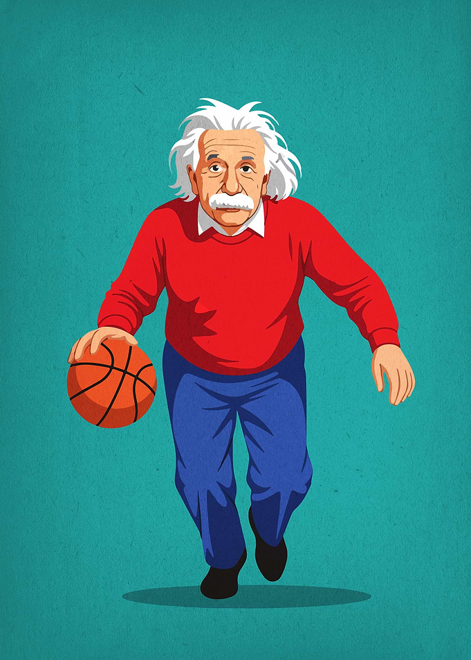 Einstein playing basketball cartoon illustration