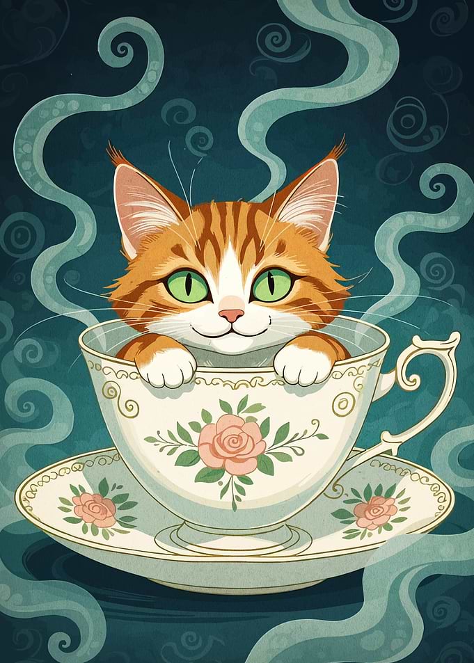 Cat in a Teacup Illustration