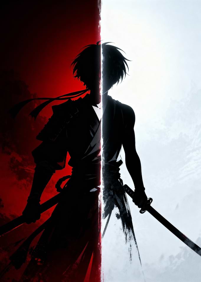 Samurai Silhouette with Red and White