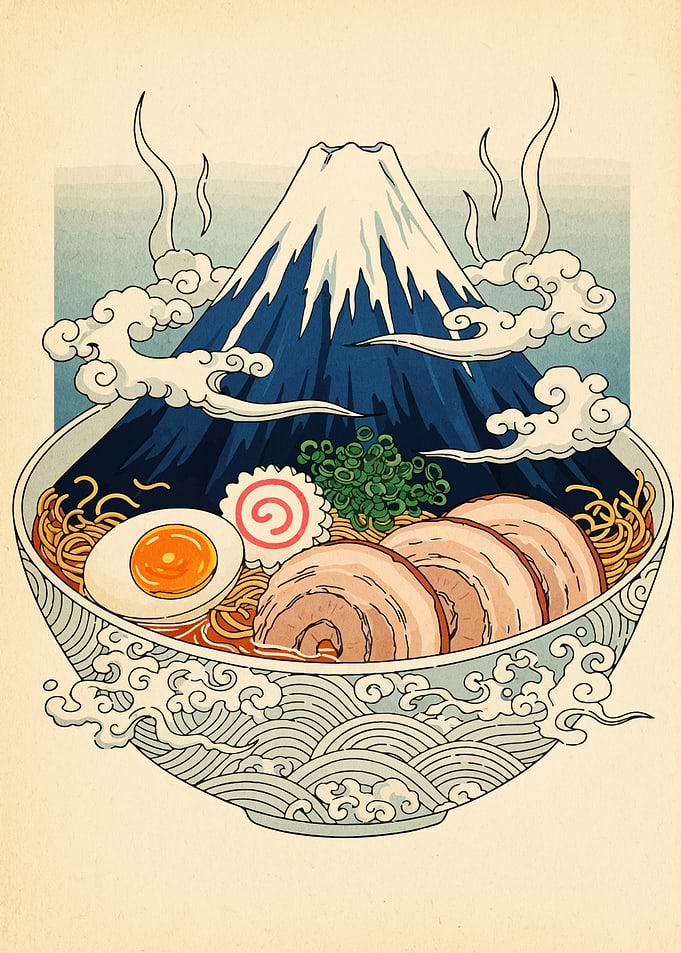 Ramen Bowl with Mount Fuji Backdrop