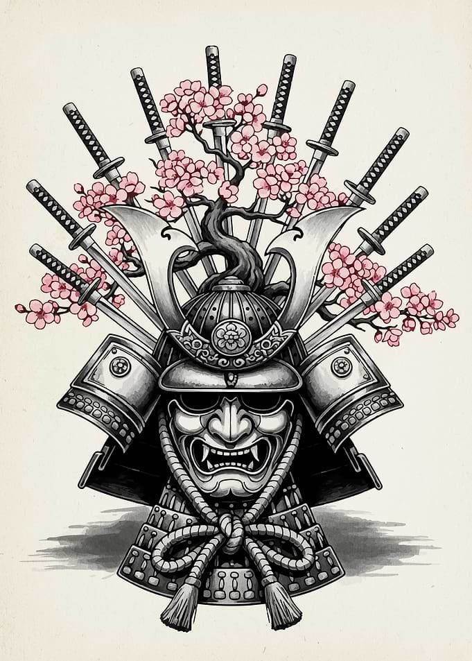 Samurai Helmet with Swords and Cherry Blossoms