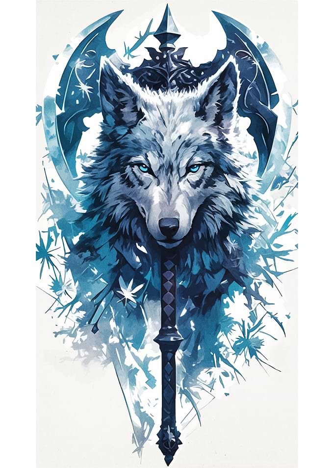 Wolf and Axe Watercolor Illustration