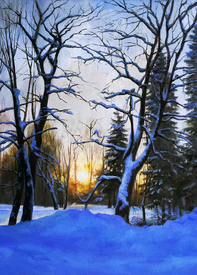 Winter Sunset Forest Painting