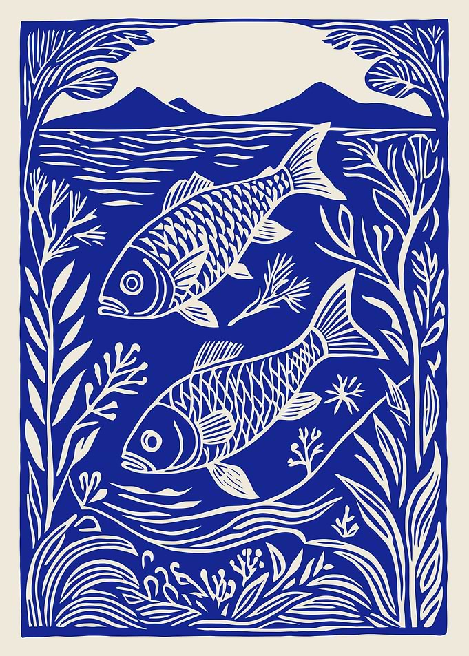 Blue and White Fish Illustration