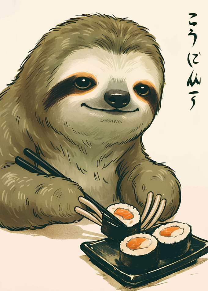Sloth eating sushi with chopsticks
