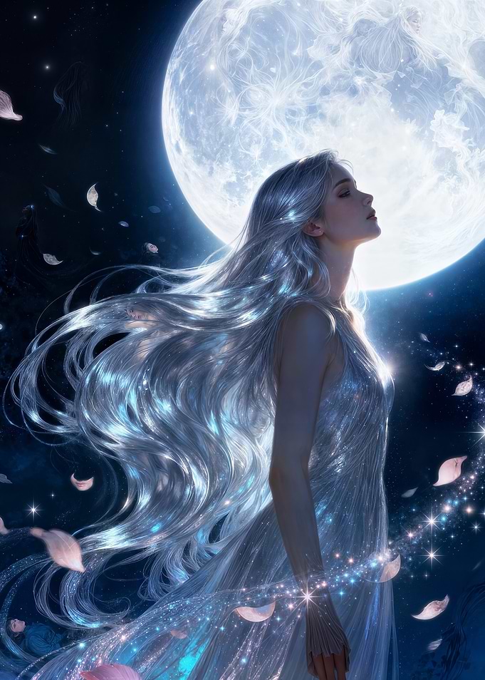 Moonlit Woman with Flowing Silver Hair