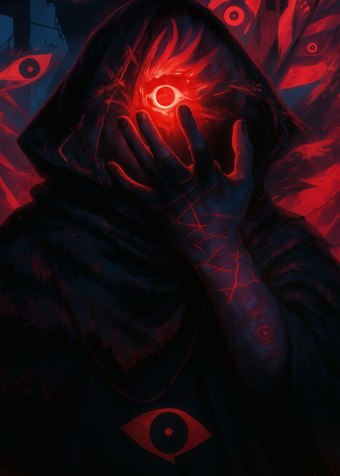 Hooded Figure with Glowing Red Eye