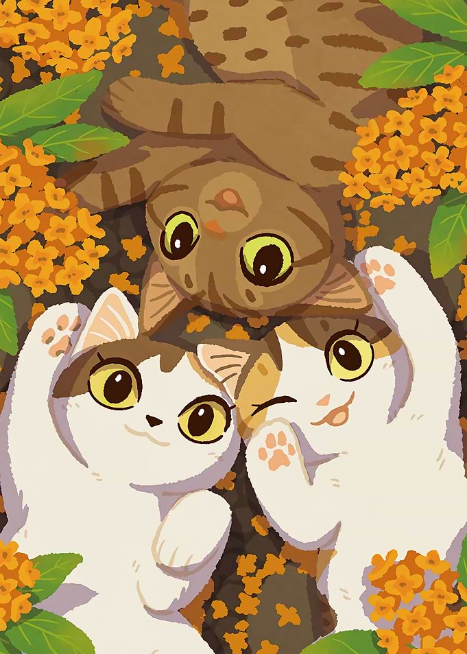 Three Cats in Flowers Illustration