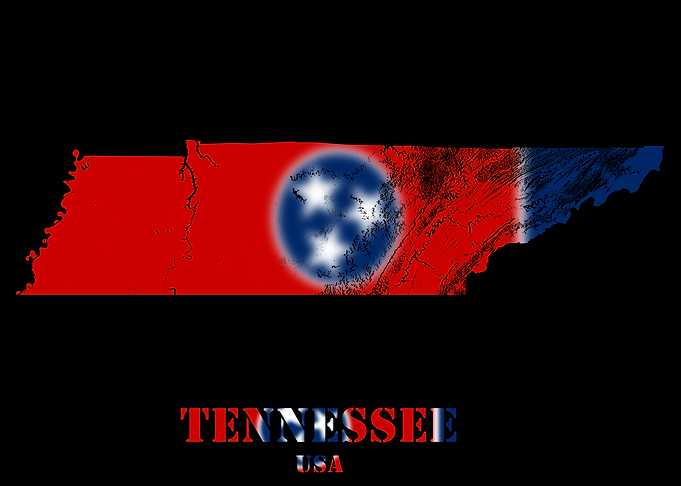 Tennessee USA State Topographic Contour Relief Map blending terrain features into its emblematic colorful flag
