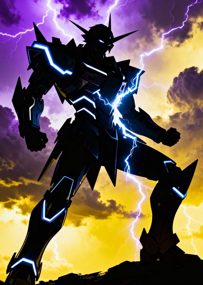 Silhouette Robot with Lightning Background