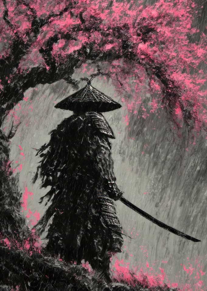 Samurai in Rain with Cherry Blossoms