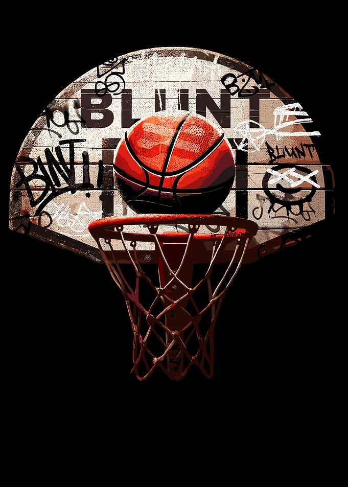 Basketball hoop with graffiti and ball