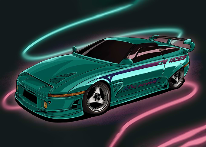 Teal Car with Neon Lights