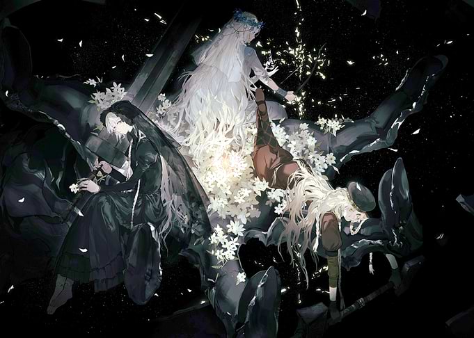 Three Figures in a Floral Darkscape