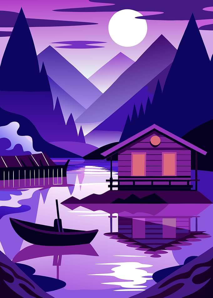 Full Moon Night Landscape with Stilt House, Boat and Mountains illustration Metal Wall Art