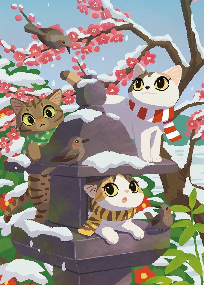 Cats and Birds on Stone Lantern