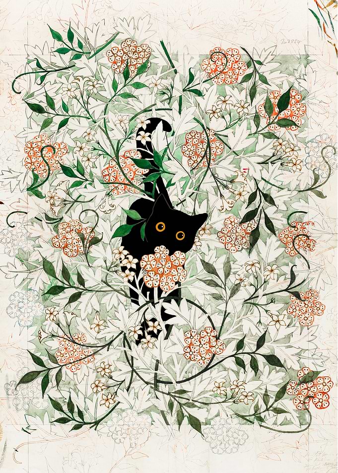 Black Cat in Floral Foliage
