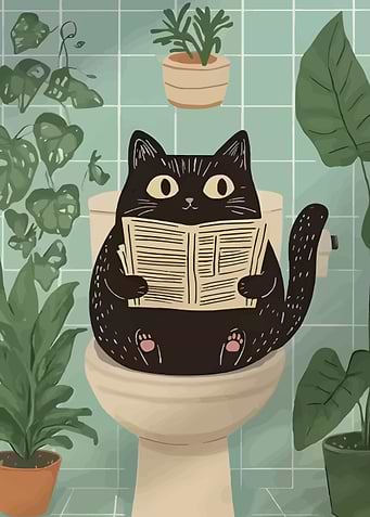 Cat Reading Newspaper on Toilet