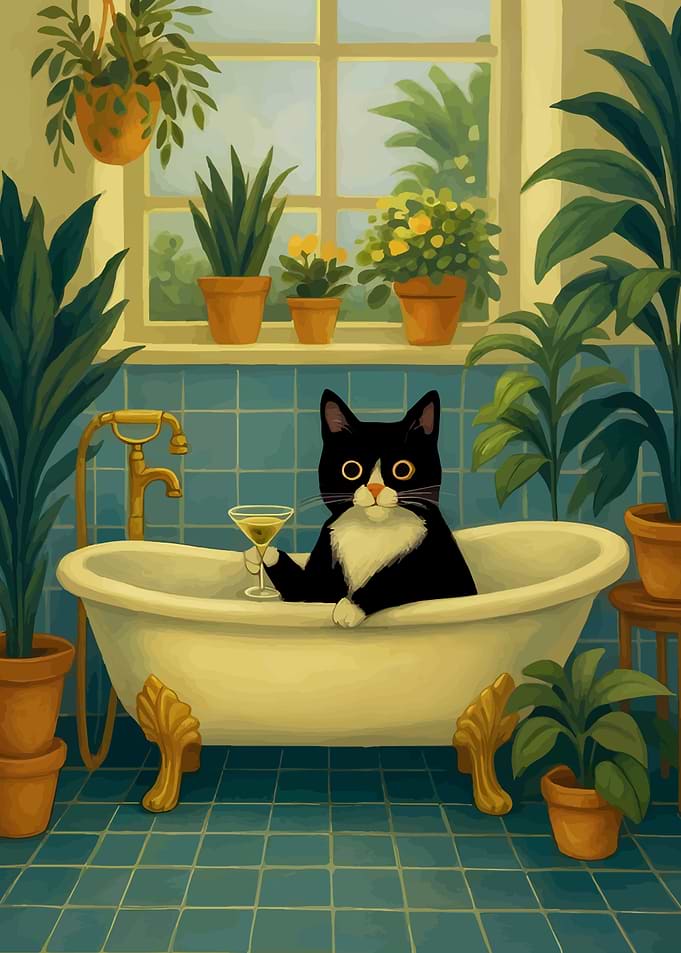 Cat in Bathtub with Cocktail