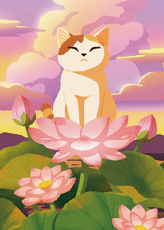 Cat on Lotus Flower Digital Art