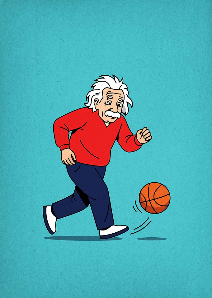 Einstein playing basketball cartoon illustration