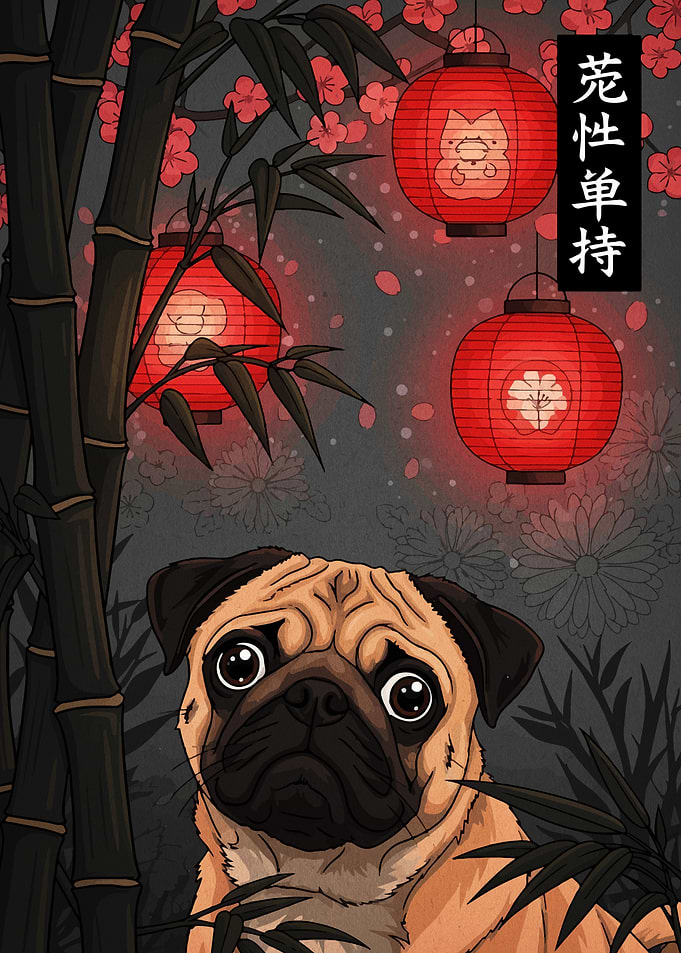 Pug with Japanese Lanterns and Bamboo