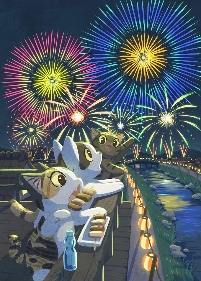 Cats watching fireworks over a river